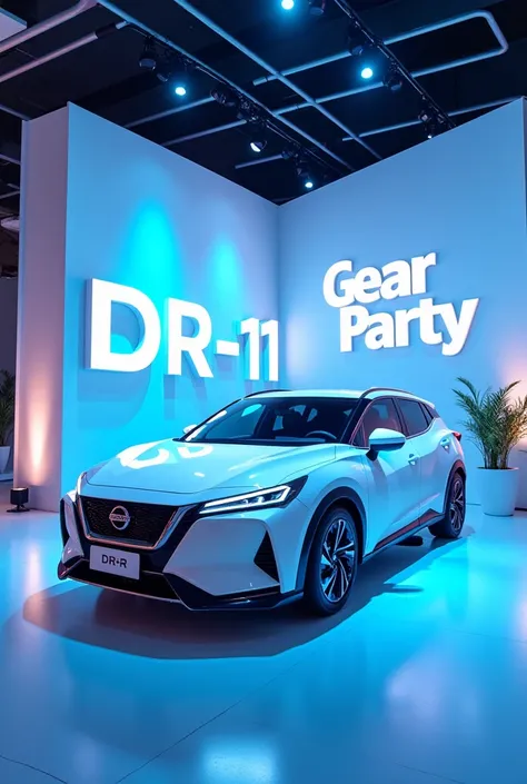 Please create background year end party with Text “DR11 Year End Party” and with main color is White and Blue, add nissan car photo in it