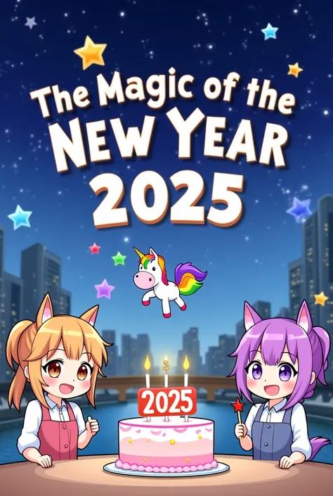 A 2025 animated banner with the text "The Magic of the New Year Star". Theres a flying unicorn with a rainbow tail. The background contains a city with tall buildings and a bridge. Theres a cake with candles on a table.

A 2025 animated banner with a flyin...