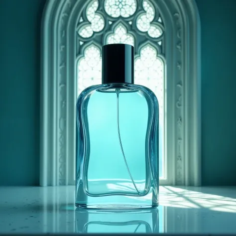 "A large luxury perfume bottle made of light blue or sky-blue glass, with a sleek black cap, placed prominently in the center of the frame. The background features an elegant, Islamic geometric window design, with soft teal lighting illuminating the patter...