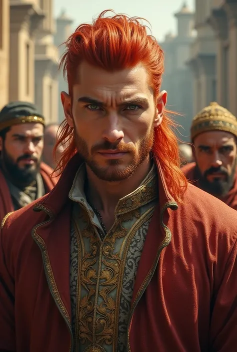 A man with reddish features, red hair, green eyes, and handsome features. He is the leader of the tribes in an Islamic kingdom. 