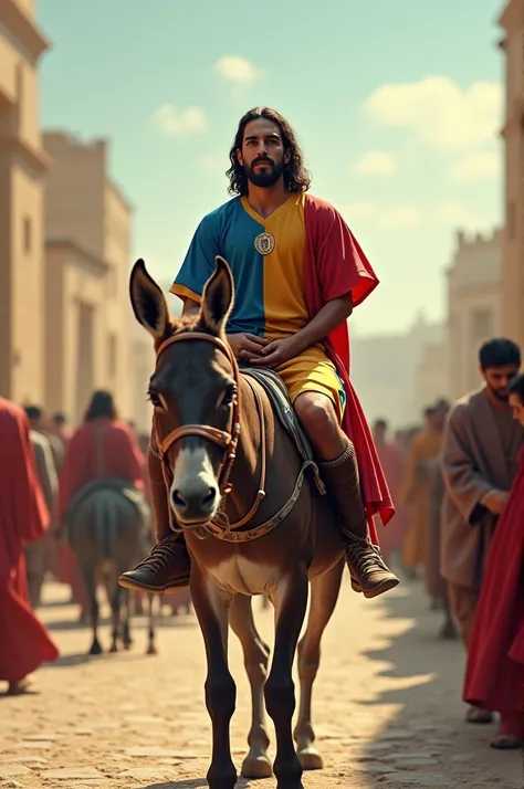 Jesus Christ dressed in a soccer kit with shorts and jersey of the Málaga football club riding on the back of a mule entering Jerusalem 