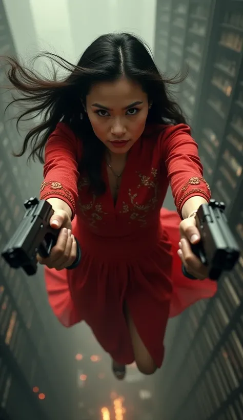 A Indonesian woman in a red dress holding 2 pistols while falling from a height 