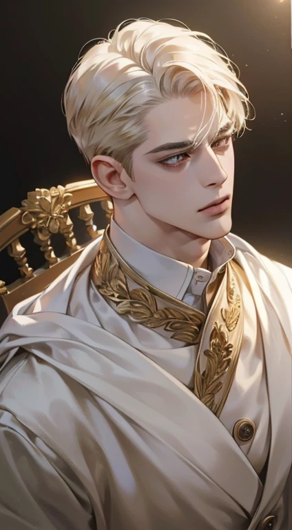 (best quality, masterpiece, 8K, photorealistic, cinematic lighting, 1:4 hdr image, top view, ultra detailed, beautiful image), a mature man, very handsome, 34 years, short white hair, gold eyes, perfect face without errors , (CEO).Duke. Era vitoriana