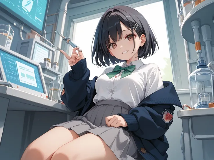 NSFW, masterpiece, 1 girl,  Medium sized breasts, Grey Skirt, high school student, (Navy cardigan), White shirt,  green ribbon, Small red hair clip, (Black Hair:1.2), short Hair, Brown eyes,  The background is a laboratory, She is sitting in a chair, smile...