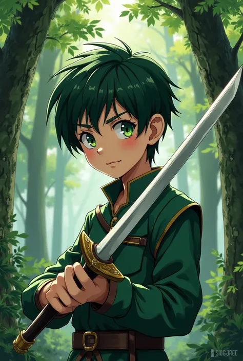 Green eyes short hair anime boy age 17
He hands sword. Background forest