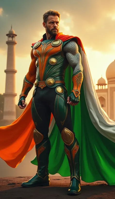 Create a high-resolution, dynamic image of Marvel’s Thor in a suit inspired by the colors and symbolism of the Indian flag. Thor’s suit should feature a vibrant combination of saffron (orange), white, and green, incorporating traditional Norse armor with I...