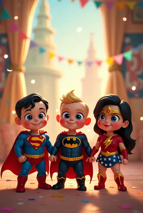 Baby heros Superman,Batman,Flash, Wonder woman,have a self in the new year 2025,disney pixar style