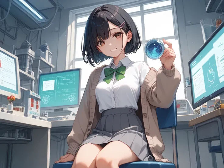 NSFW, masterpiece, 1 girl,  Medium sized breasts, Grey Skirt, high school student, (Navy cardigan), White shirt,  green ribbon, Small red hair clip, (Black Hair:1.2), short Hair, Brown eyes,  The background is a laboratory, She is sitting in a chair, smile...