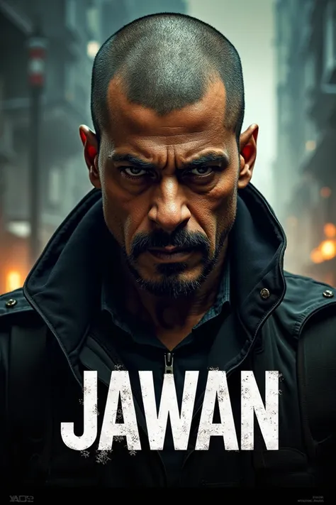 Create a poster for the movie "Jawan" with the word "Jawan" written in white color. The poster should feature Shahrukh Khan in the Jawan look.

