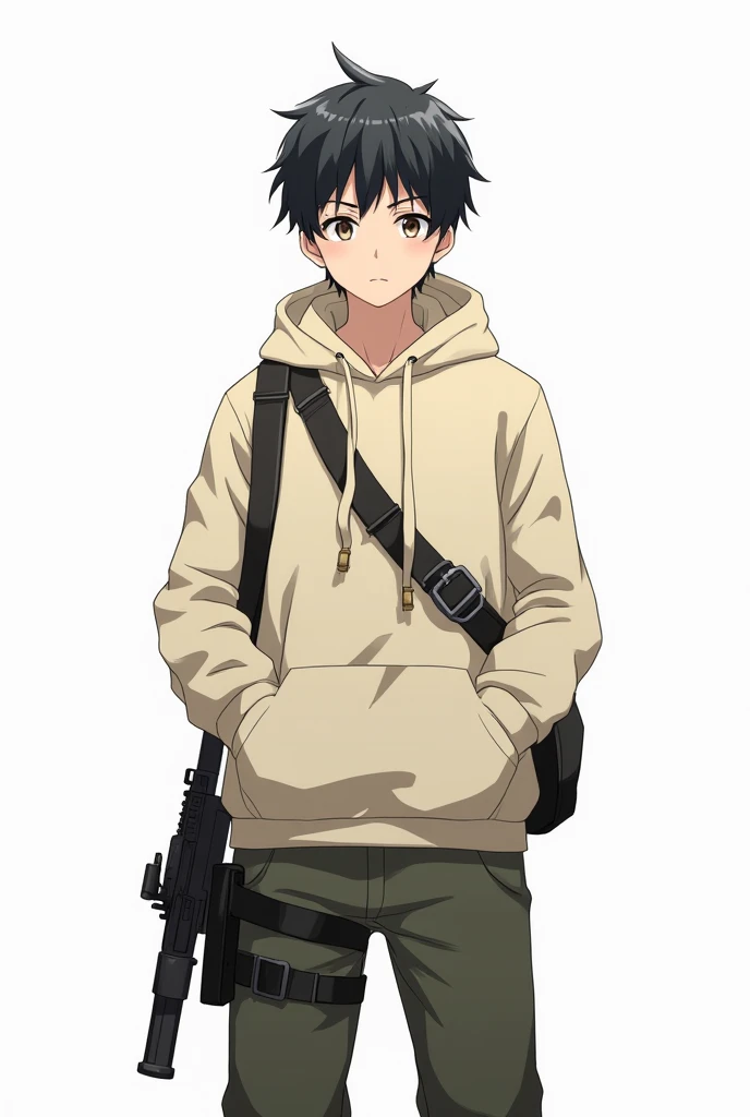 A young man in a cream hoodie with a rifle slung over his back and a knife tucked into his waist stands in the center and stares at the camera with a serious expression on his face, anime art style, full body display, white background.