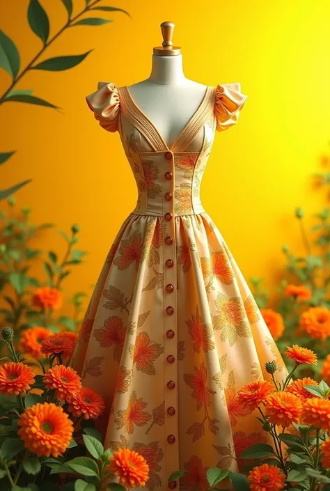 Floral dress with yellow background and orange and green flowers, V-neck, Dior cut with buttons attached to the front
