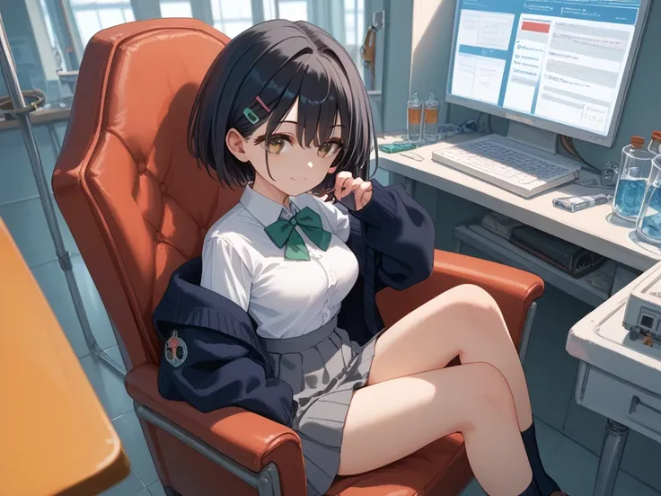 NSFW, masterpiece, 1 girl,  Medium sized breasts, Grey Skirt, high school student, (Navy cardigan), White shirt,  green ribbon, Small red hair clip, (Black Hair:1.2), short Hair, Brown eyes,  The background is a laboratory, She is sitting in a chair, smile...