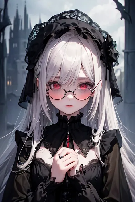 ((1girl, slolo, alone, Shy, kawai, cute, Masterpiece, Best Quality, Purah, White Hair, Red Eyes, Red Headband, Hair Ornament, Hair Sticks, Red Glasses)),, ((close, solo, 1woman, pink lipstick, Extremely detailed, ambient soft lighting, 4k, perfect eyes, a ...