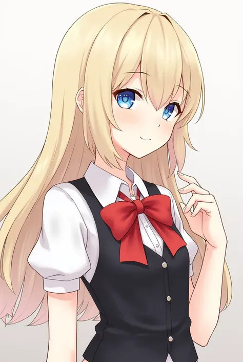 A girl with long golden hair, light blue eyes. Wearing a short white button-down shirt, a black vest and a red bow tie. Expressionless face. Clear skin.

Anime style
