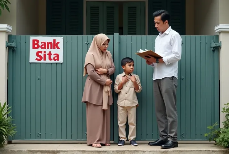 A realistic image showing a Malay mother wearing a pastel-colored hijab and traditional attire, holding her worried young son closely. Next to them, a stern-looking bank officer in a crisp white shirt, grey pants, and polished black shoes holds a clipboard...