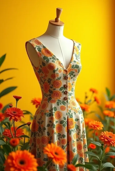 Floral dress with yellow background and orange and green flowers, V-neck, Dior cut with buttons attached to the front
