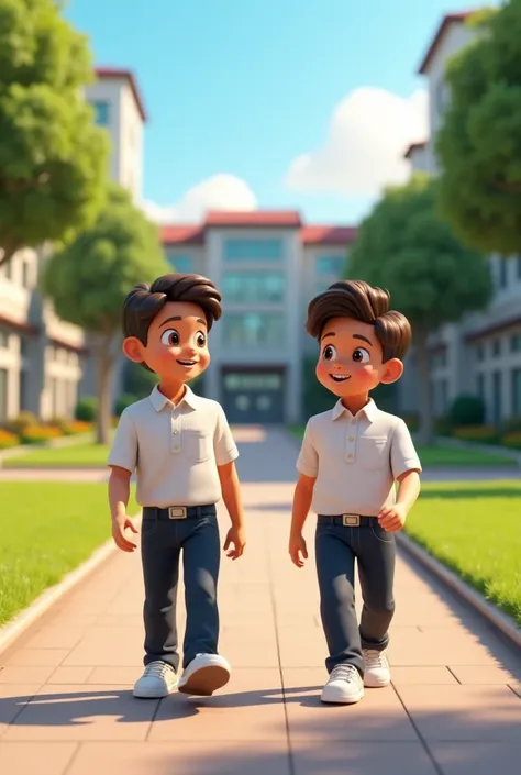 Two boys wearing shool shirt walking to canteen in animation 3d