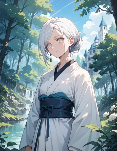 anime-illust, Yuki-onna, white simple kimono, white hair, white eyes, white sky, townscape of white houses, forest of white trees, limited to cyan color