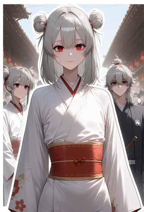 ((gray hair), medium hair, twins hair buns), (red eyes, perfect eyes),
white oriental kimono,
standing in an eastern village, samurai in the background, people with oriental looks in the background,
(expressionless, shadowed face, empty eyes, light smile,
...