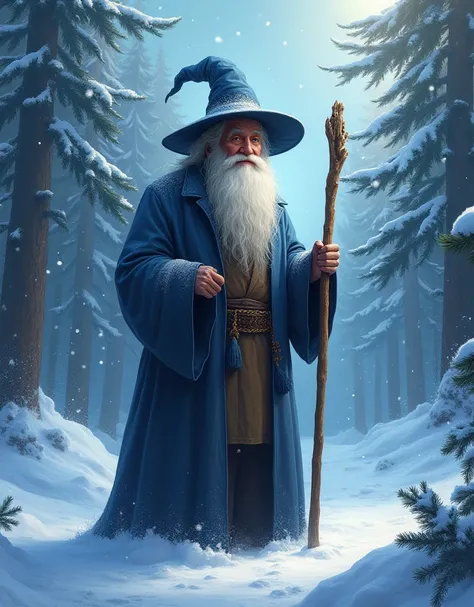 a snowy winter landscape, an old man with a long white beard, wearing a blue coat and hat, holding a staff, in a snowy forest clearing, magical atmosphere, Christmas, detailed realistic digital painting, cinematic lighting, vibrant colors, 8k, hyperrealist...