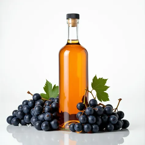 ADVERTISING FOR A TRANSPARENT PISCO BOTTLE WITH A WHITE BACKGROUND WITH LOTS OF BLACK GRAPES ON THE FLOOR