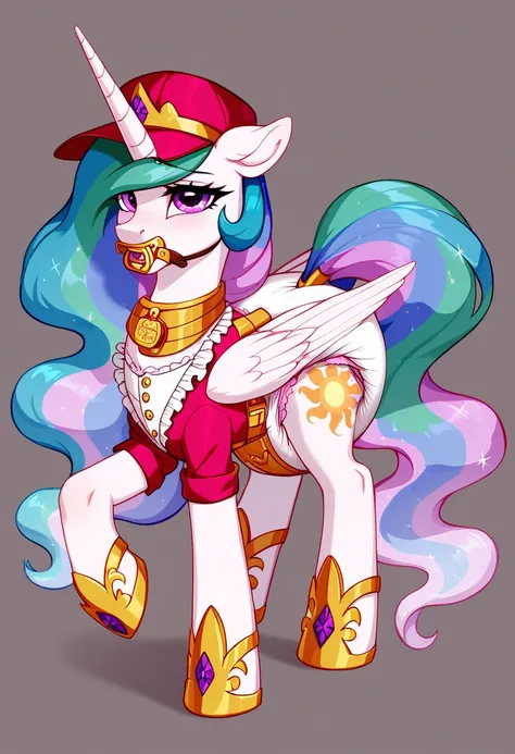 alicorn pony alone , adult mare, Princess Celestia, the mane is gathered in a dark pink cap,  purple eyes, stands on four hooves ,  wide open back hooves ,  dressed in a fancy pink dress with ruffles and frills with a short skirt ,  around the neck, a whit...