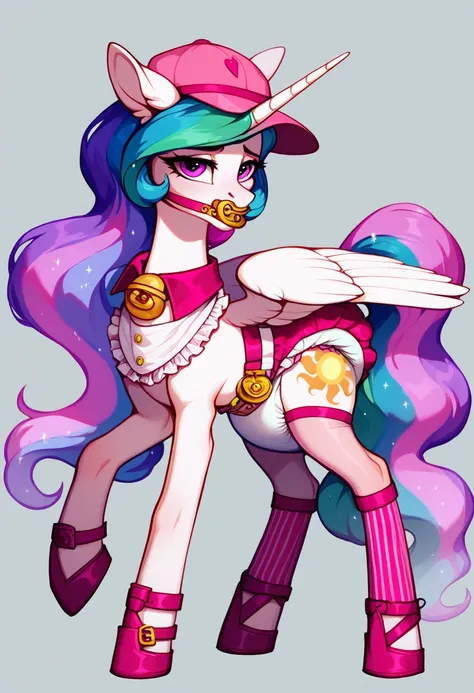 alicorn pony alone , adult mare, Princess Celestia, the mane is gathered in a dark pink cap,  purple eyes, stands on four hooves ,  wide open back hooves ,  dressed in a fancy pink dress with ruffles and frills with a short skirt ,  around the neck, a whit...