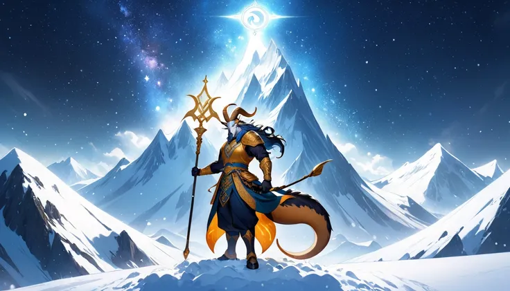 " A goat with a fish tail on a snowy mountain , with the starry sky in the background .  A determined figure carries a scepter with the Capricorn symbol shining on top. Mystical and resilient style ."
