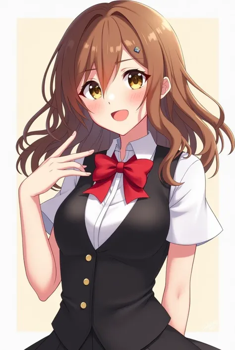 A girl with long brown hair, brown eyes. Wearing a short white button-down shirt, a black vest and a red bow tie. Smile. Clear skin.

Anime style
