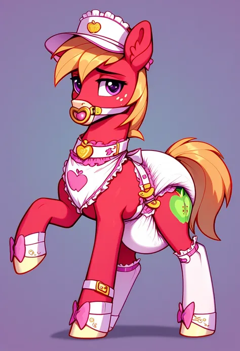 pony in private ,  adult stallion , Big Macintosh, the mane is gathered in a dark pink cap,  purple eyes, stands on four hooves ,  wide open back hooves ,  dressed in a fancy pink maid dress with ruffles and ruffles and a short skirt,  around the neck, a w...