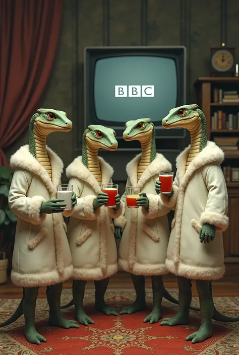  a picture featuring four character numbers that have snake faces and lizard bodies..  These characters would have a white fur coat .  each holding a glass of tea . One of these characters would have glasses .  One of these characters would be taller than ...