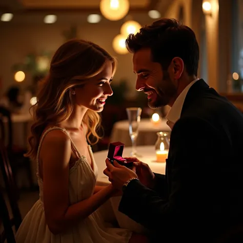  generates real panoramic images of two lovers in a restaurant with low lighting ,  the young girl sitting in a chair smiling with hazel blonde hair wearing an elegant but youthful dress , looking into the eyes of the man ,  and the handsome black-haired m...