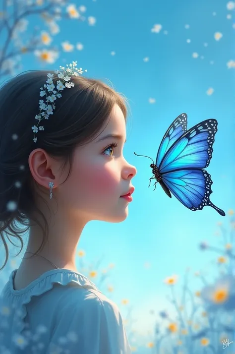 A  passes a  girl whose name is iki butterfly in blue background in blue sky