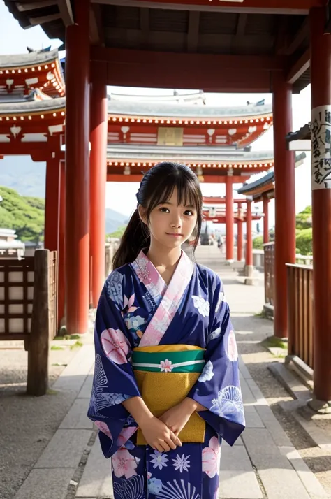 A girl wearing a yukata is standing in the background with the shrine in the background