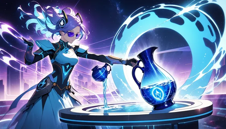 " A futuristic figure pouring water from a glowing jug, creating energy waves . In the background,  a futuristic setting with shades of blue and purple .  The Aquarius symbol floats in energy above the jug .  Innovative and cosmic style ."