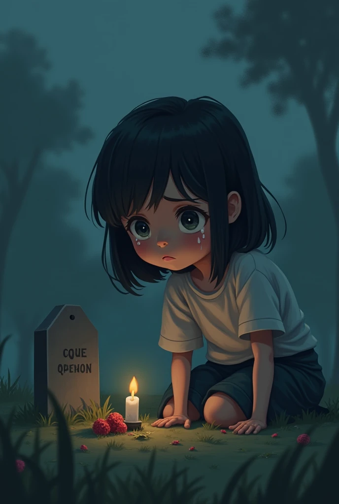 A picture of a girl crying in front of a cartoon grave