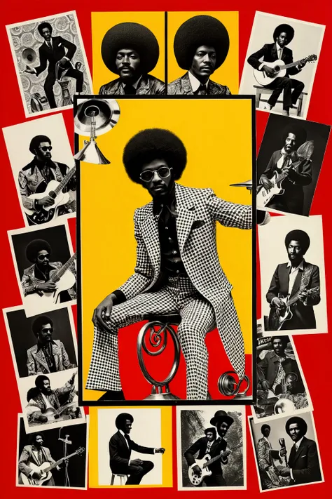 Please collage lots of black and white photos of a man doing Blakins tricks on a simple red and yellow background,Detailed photo of the album cover  , 70s posters ,  1900s poster , Afropsychedelia,  Funkadelic, 1 9 7 0 Crop Collage,  Cut out collage  , 