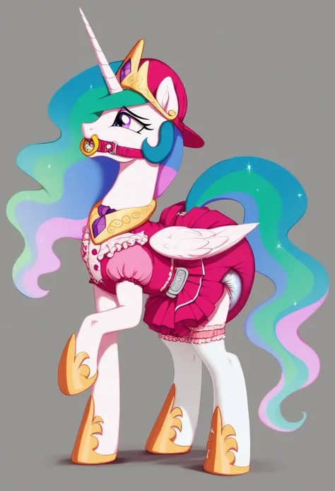 alicorn pony alone , adult mare, Princess Celestia, the mane is gathered in a dark pink cap,  purple eyes, stands on four hooves ,  wide open back hooves ,  dressed in a fancy pink dress with ruffles and frills with a short skirt ,  around the neck, a whit...