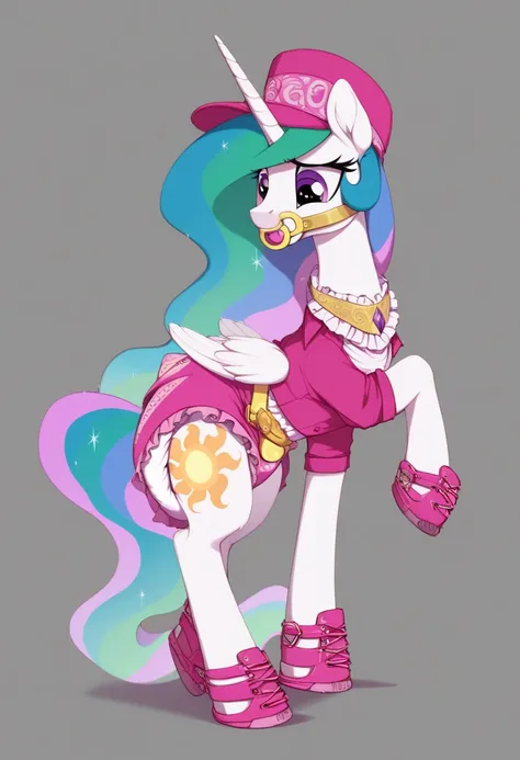 alicorn pony alone , adult mare, Princess Celestia, the mane is gathered in a dark pink cap,  purple eyes, stands on four hooves ,  wide open back hooves ,  dressed in a fancy pink dress with ruffles and frills with a short skirt ,  around the neck, a whit...