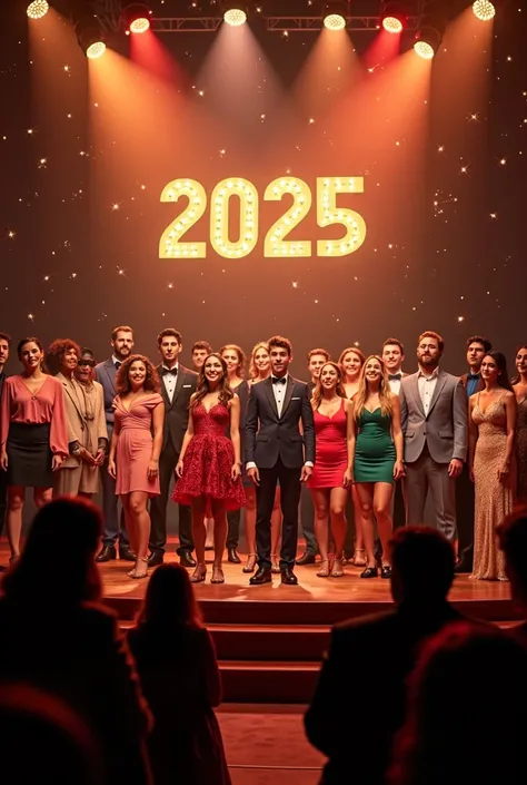 Une image d’un groupe de chanteurs hommes et femmes avec l’inscription Bonne Année 2025