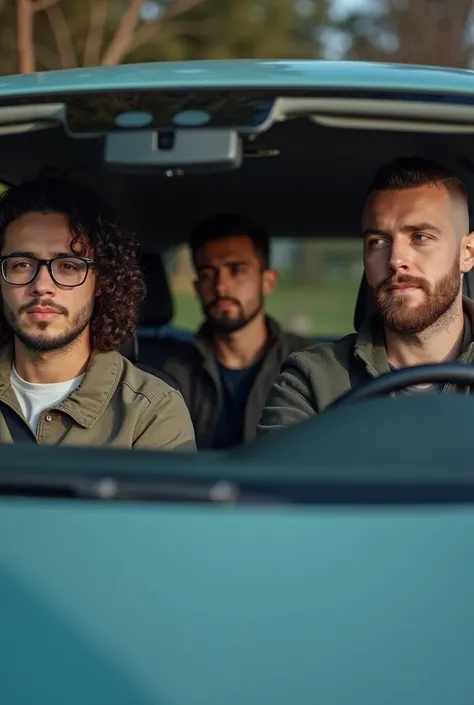  three male adults aged 20-35 years old in a Volkswagen Polo including one with long black and curly hair with a pair of glasses without a beard, one bald and bearded ,  one with short brown hair without a beard 