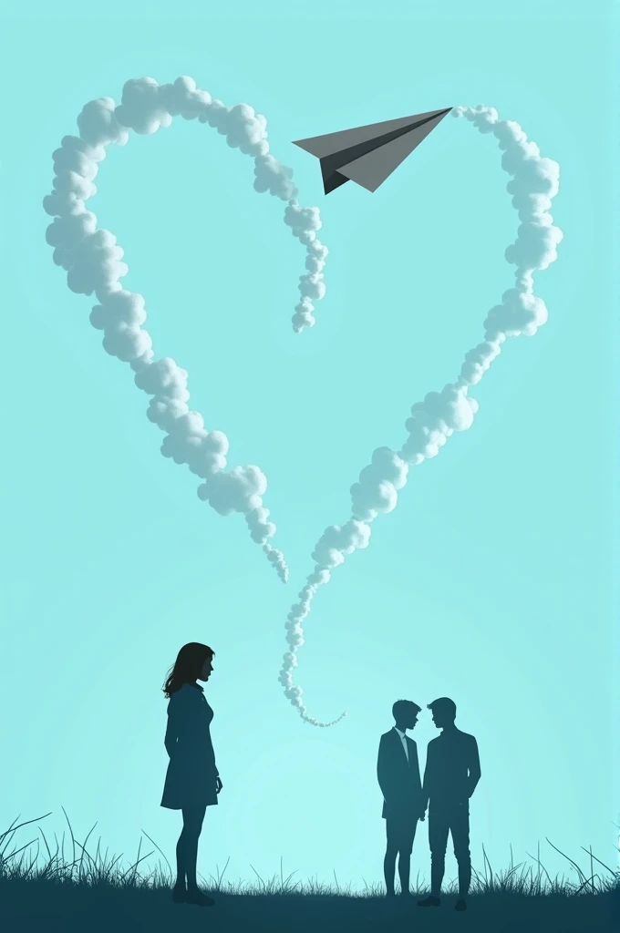 Draw a paper airplane whose trajectory represents a heart and add the silhouette of one woman in front and 2 men behind and add the title "High School Heartache"Add a light blue background 