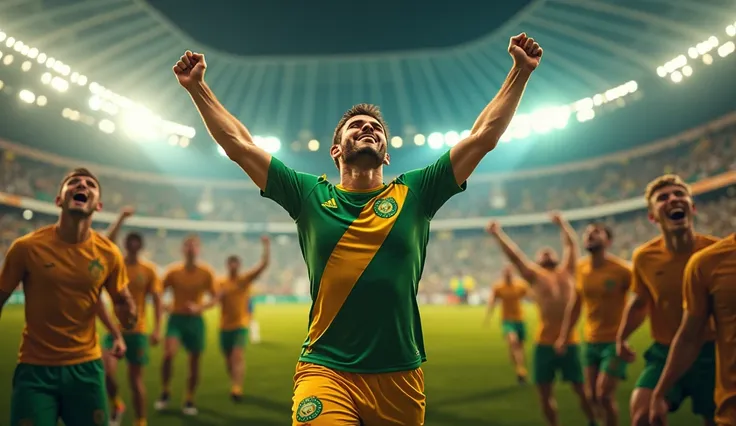 
"Igor Jesus, Botafogo player, celebrating a goal at a packed Maracanã, with the fans ecstatic, wearing the clubs official shirt, in high resolution."