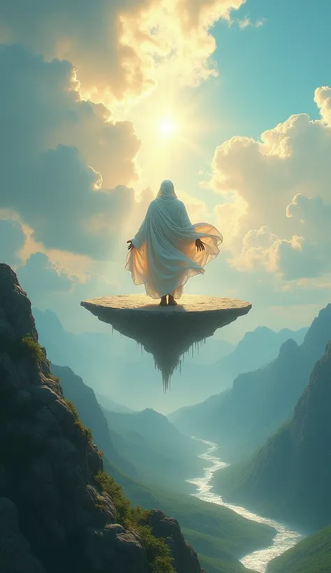 Prophet Sulaiman standing on a magical flying platform carried by a swirling wind. His robe flutters in the air. Below, a beautiful landscape of mountains and rivers stretches out. The sky is dynamic, with soft sunlight breaking through clouds, symbolizing...