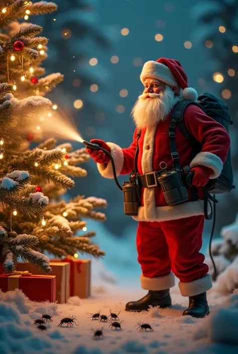  An exterminator in his hand against the background of a New Years landscape with an ornate Christmas tree and Santa Claus,  fights bugs and cockroaches with a sprayer that he holds , he sprays poison on them and they fall 