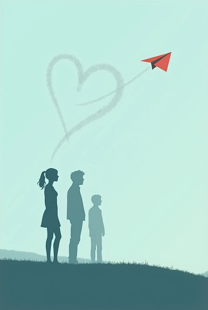 Draw a paper airplane whose trajectory represents a heart and add the silhouette of one woman in front and 2 men behind and add the title "High School Heartache"Add a light blue background Not gay  