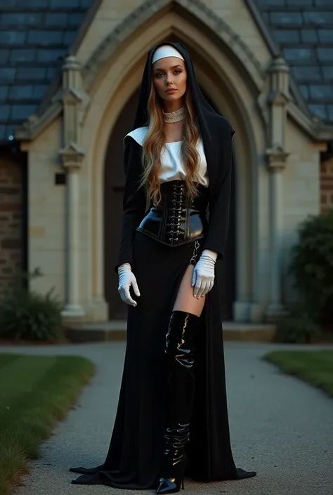 A full body image of a 21 year old nun, standing gracefully in a tight black and white latex corset, latex boots, and long white gloves. Her hair falls between her eyes in thick waves. Nighttime, posing outside of an old Gothic Church in a seductive pose. ...