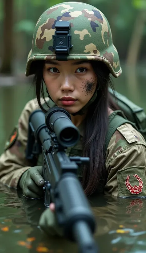 Kimberly is a Chinese special forces soldier , she has Asian traits , she is Chinese , has beautiful brown eyes,  she is on a sneak attack , submerging from a lake in the Cambodian jungle , wielding his rifle , she wears a camouflage military uniform,  She...