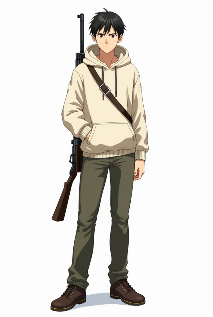 A young man in a cream hoodie with a rifle slung over his back and a knife tucked into his waist stands in the center and stares at the camera with a serious expression on his face, anime art style, full body from head to legs display on camera, white back...