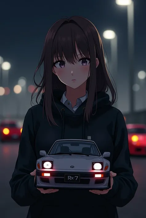 1girl,bigotitos,black_sweater,brown_hair,dark,highres,holding,hood,hoodie,initial_d,iwase_kyouko,long_sleeves,mazda_rx-7,mazda_rx-7_fd,medium_hair,night,racing,solos, best quality, masterpiece, nai3